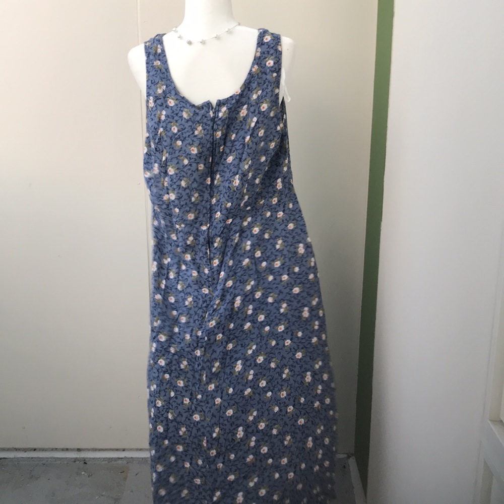 Vintage 90s Lightweight Breezy Chambray Blue and White Floral Midi Tank Sundress - Picture 3 of 5